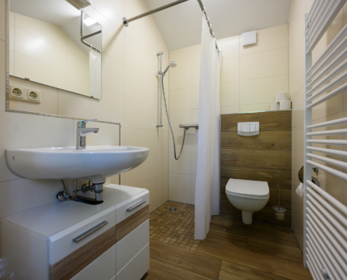 Freundlich eingerichtetes Badezimmer mit Dusche, Waschbecken und Toilette
